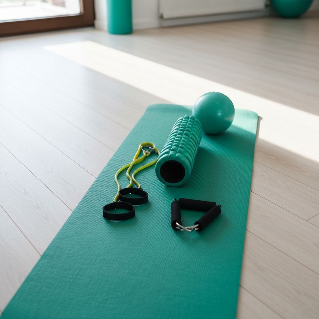 Simple home exercise equipment including mat and bands